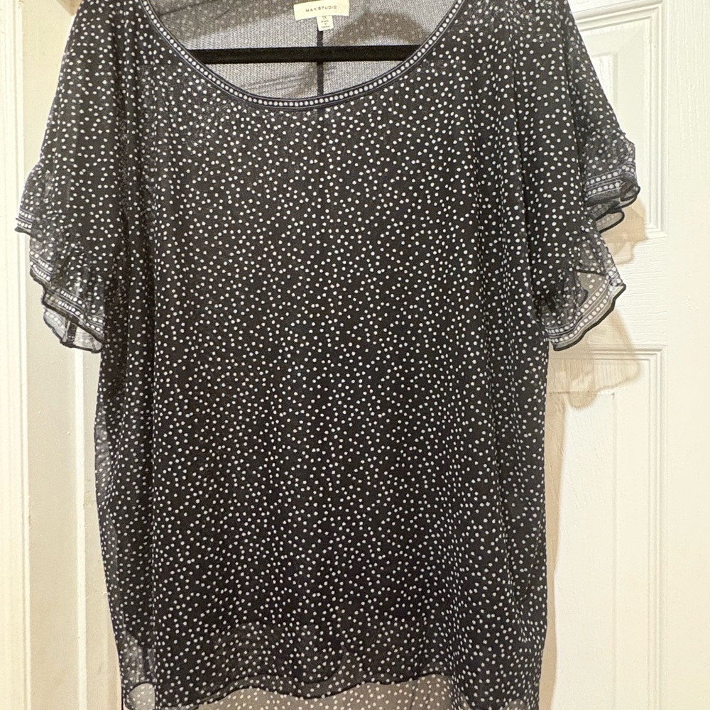Max Studio Black Sheer Blouse with White Dots